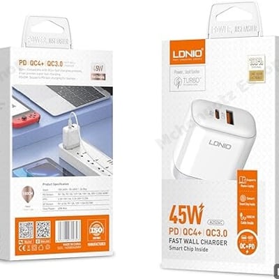 TYPE C LDNIO 45W Fast Wall Charger A2526C (PD + QC4+, Dual Port, With Cable)