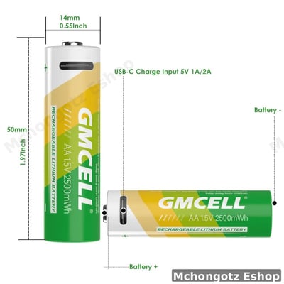 GMCELL AA rechargeable batteries lithium ion 1.5V 2500mAh pack of 2 usb c charging