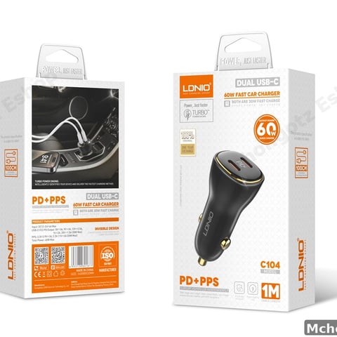 LDNIO 60W Dual USB-C Fast Car Charger C104 (PD + PPS, 30W + 30W)