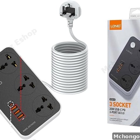 LDNIO Power Extension Socket (2500W, 3 Outlets, 3 USB QC3.0 + 20W Type-C PD)