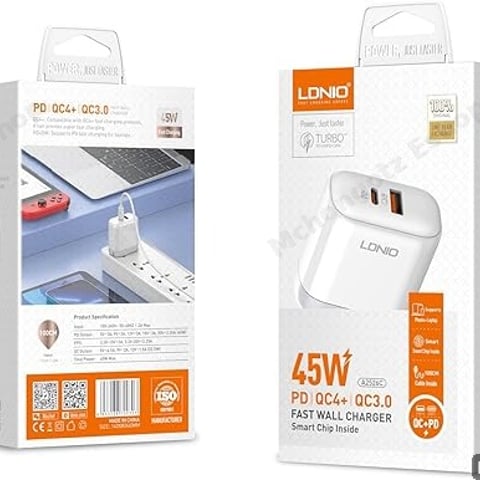 LIGHTNING LDNIO 45W Fast Wall Charger A2526C (PD + QC4+, Dual Port, With Cable)
