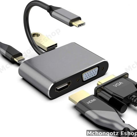 Type C 4 in 1 Multiport Adapter | HDMI + VGA + USB 3.0 + PD Charging Price in Tanzania