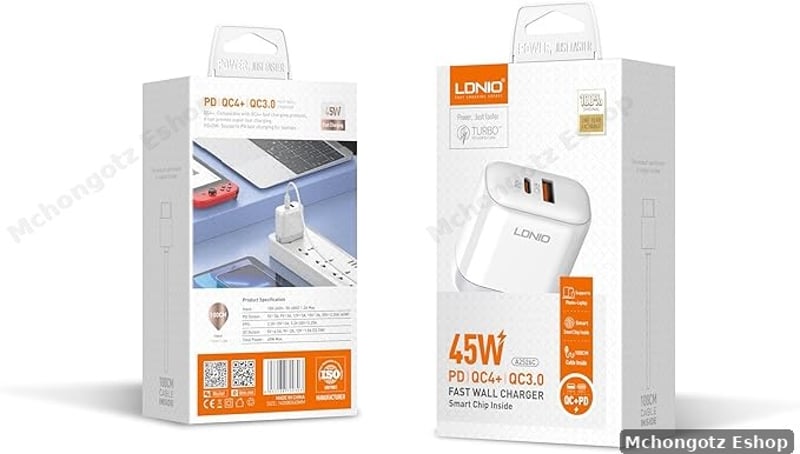 TYPE C LDNIO 45W Fast Wall Charger A2526C (PD + QC4+, Dual Port, With Cable)