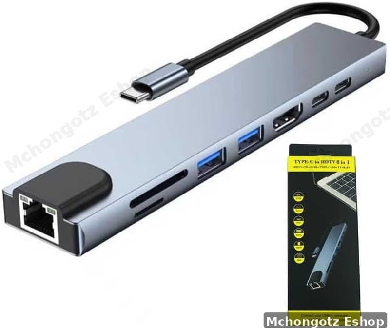 Type C 8 in 1 USB-C Hub Adapter (HDMI, 2 USB, RJ45, PD Charging, 2 USB C, TF/SD)