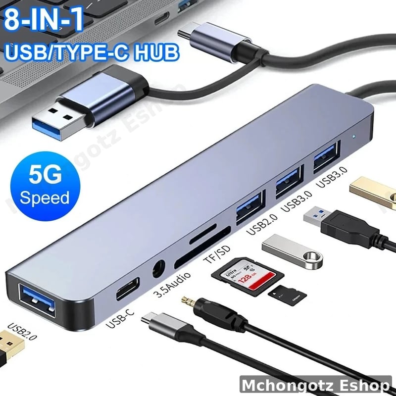 Type C / Usb 8 in 1 USB-C / USB-A Hub | USB 3.0 + USB 2.0 + SD/TF + Audio Adapter Price in Tanzania