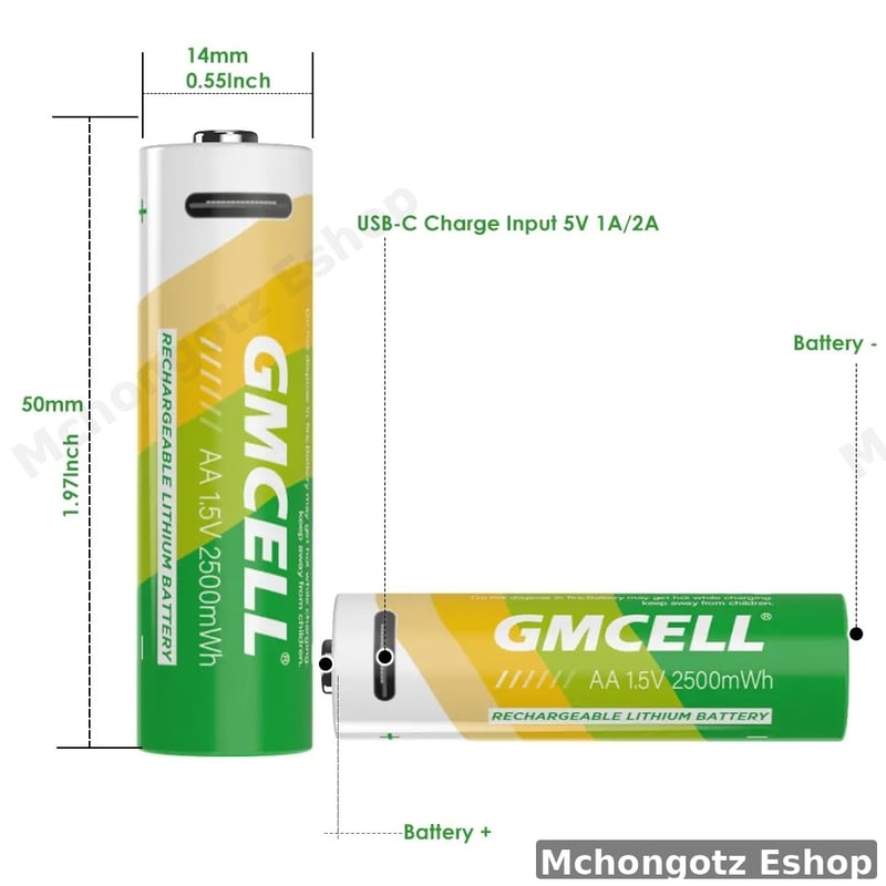 GMCELL AA rechargeable batteries lithium ion 1.5V 2500mAh pack of 2 usb c charging