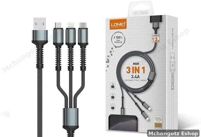 LDNIO 3-in-1 Fast Charging Cable LC93AIO (Lightning/Type-C/Micro, 1.2m)