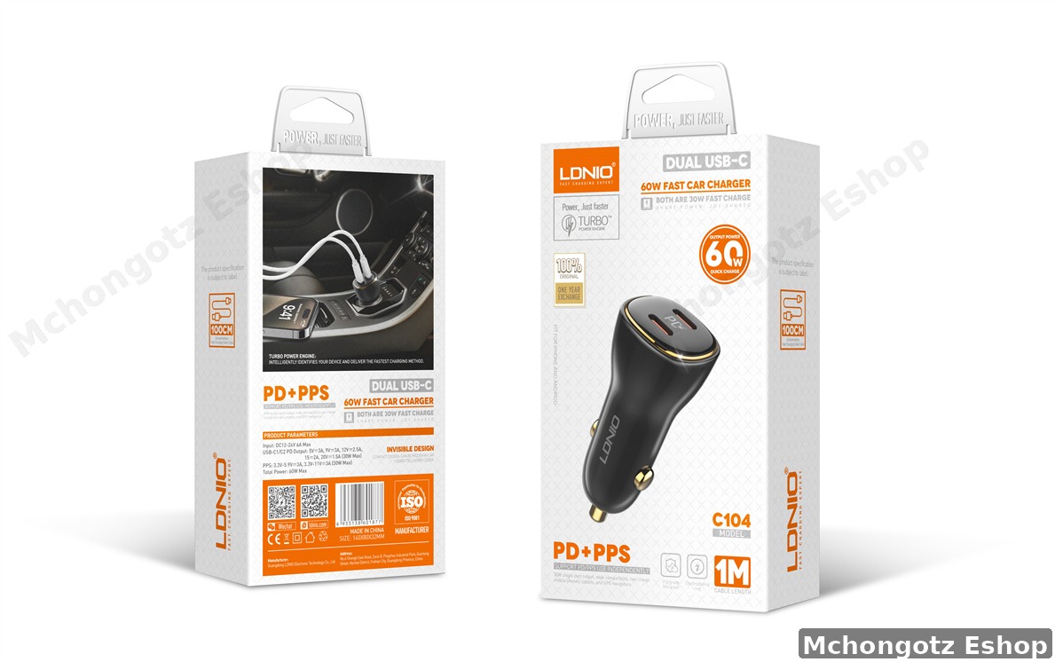 LDNIO 60W Dual USB-C Fast Car Charger C104 (PD + PPS, 30W + 30W)