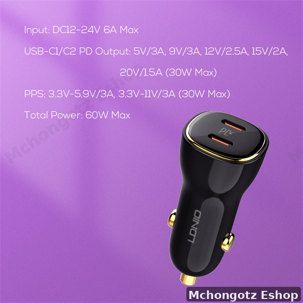 LDNIO 60W Dual USB-C Fast Car Charger C104 (PD + PPS, 30W + 30W)
