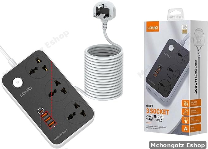 LDNIO Power Extension Socket (2500W, 3 Outlets, 3 USB QC3.0 + 20W Type-C PD)