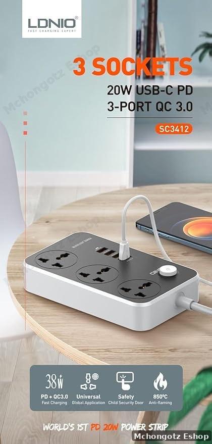 LDNIO Power Extension Socket (2500W, 3 Outlets, 3 USB QC3.0 + 20W Type-C PD)