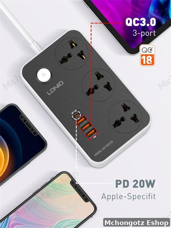 LDNIO Power Extension Socket (2500W, 3 Outlets, 3 USB QC3.0 + 20W Type-C PD)