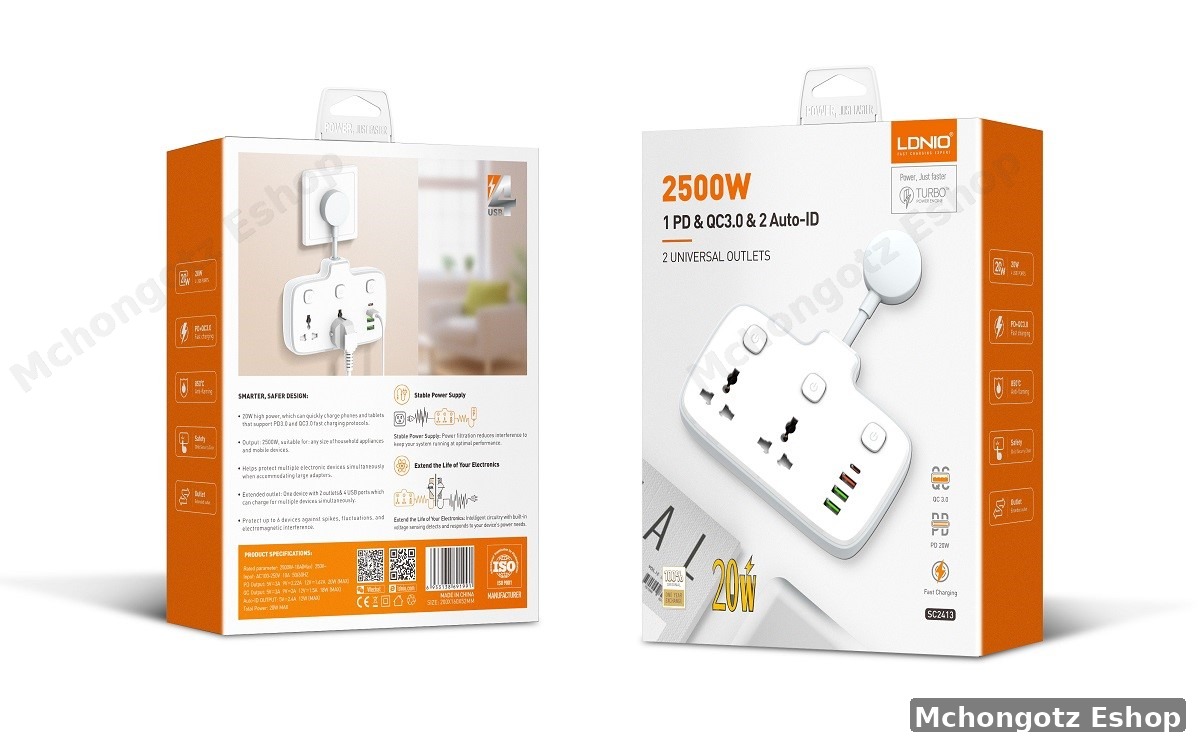 LDNIO SC2413 Power Extension Socket (2 Outlets, USB + 20W Type-C PD)