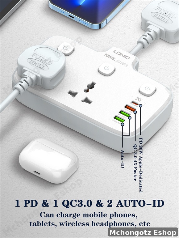 LDNIO SC2413 Power Extension Socket (2 Outlets, USB + 20W Type-C PD)