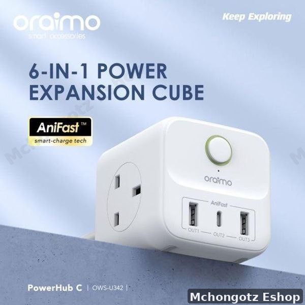 Oraimo PowerHub C 6-in-1 Power Expansion Cube (OWS-U342, 3 AC + USB + Type-C)