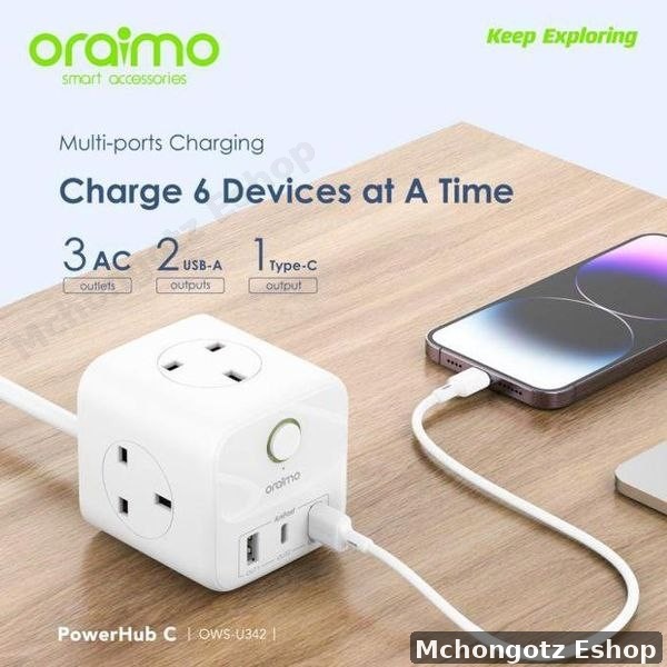 Oraimo PowerHub C 6-in-1 Power Expansion Cube (OWS-U342, 3 AC + USB + Type-C)