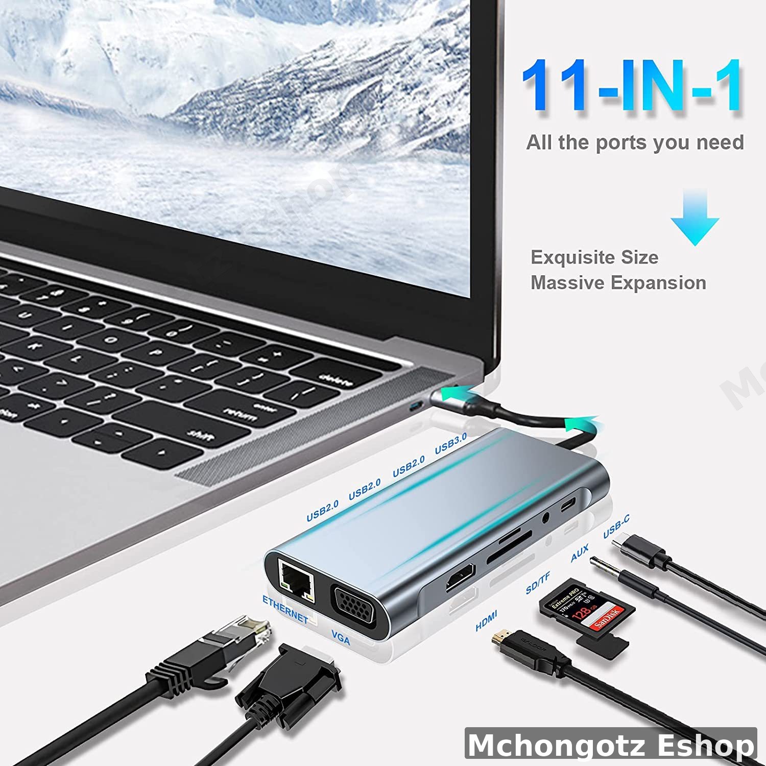TYPE C 11 in 1 Hub Adapter (HDMI, VGA, LAN, USB 3.0, SD Card, Audio)