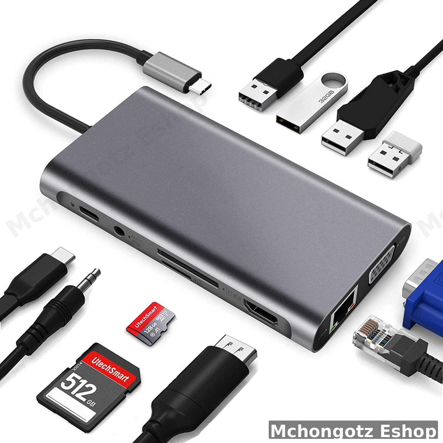 TYPE C 11 in 1 Hub Adapter (HDMI, VGA, LAN, USB 3.0, SD Card, Audio)