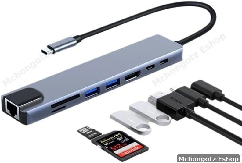 8-in-1 USB-C Hub Adapter (HDMI, 2 USB, RJ45, PD Charging, 2 USB C, TF/SD)