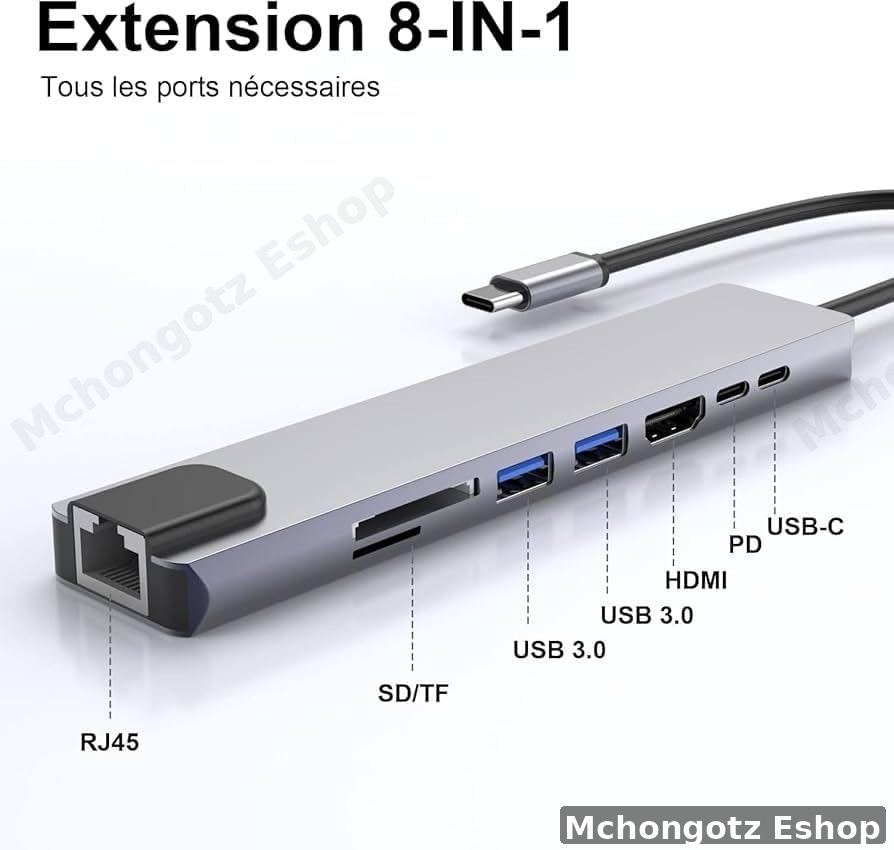 8-in-1 USB-C Hub Adapter (HDMI, 2 USB, RJ45, PD Charging, 2 USB C, TF/SD)