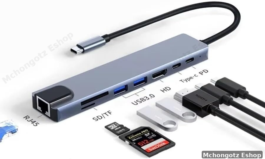 8-in-1 USB-C Hub Adapter (HDMI, 2 USB, RJ45, PD Charging, 2 USB C, TF/SD)