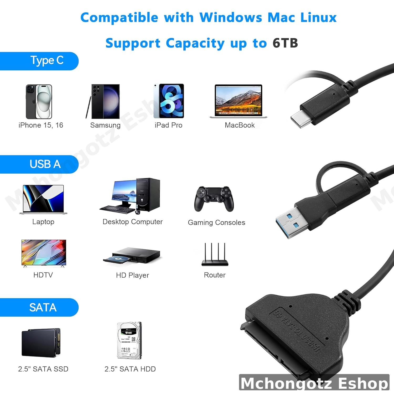 SATA CABLE 2 in 1 USB-C / USB-A to SATA Adapter Cable | 2.5" HDD / SSD Converter Price in Tanzania - image 5