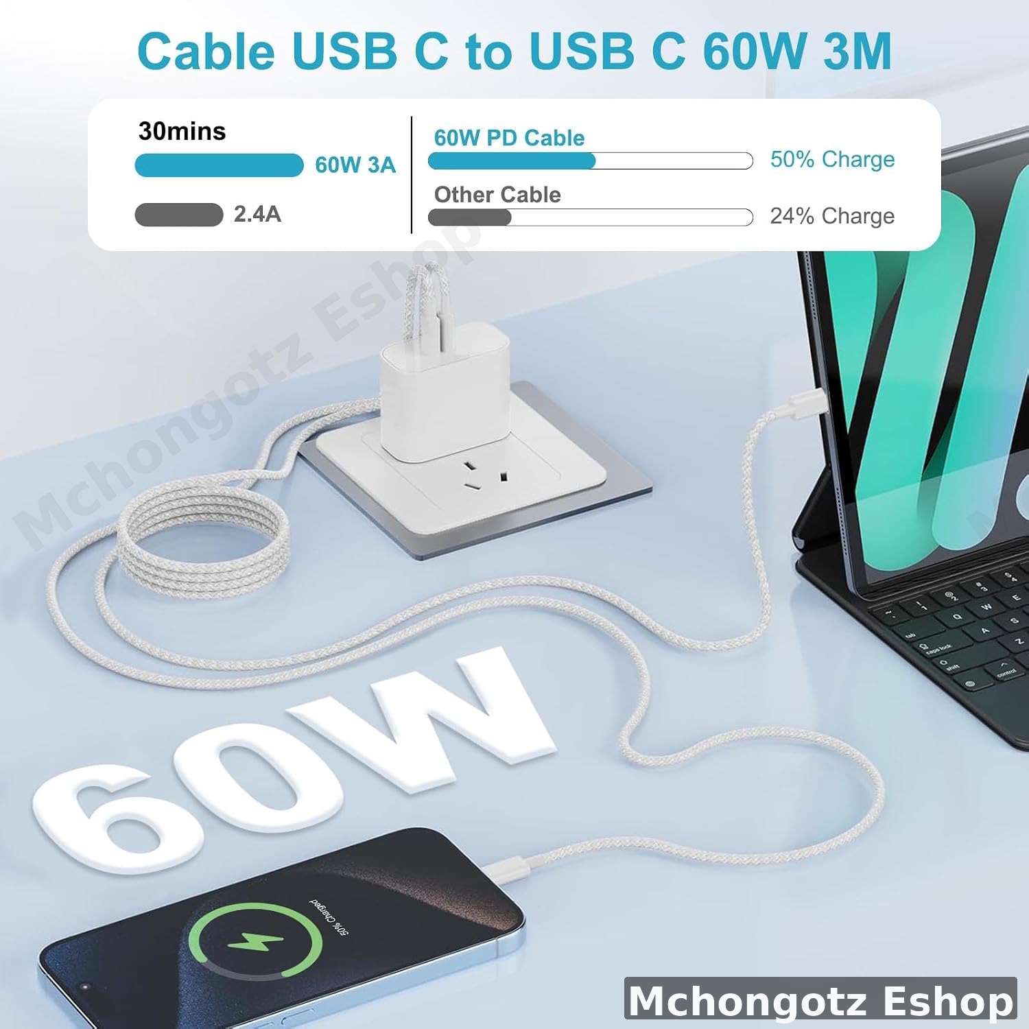 usb c | type c to type c cable 3M white slim braided fast charging - image 4