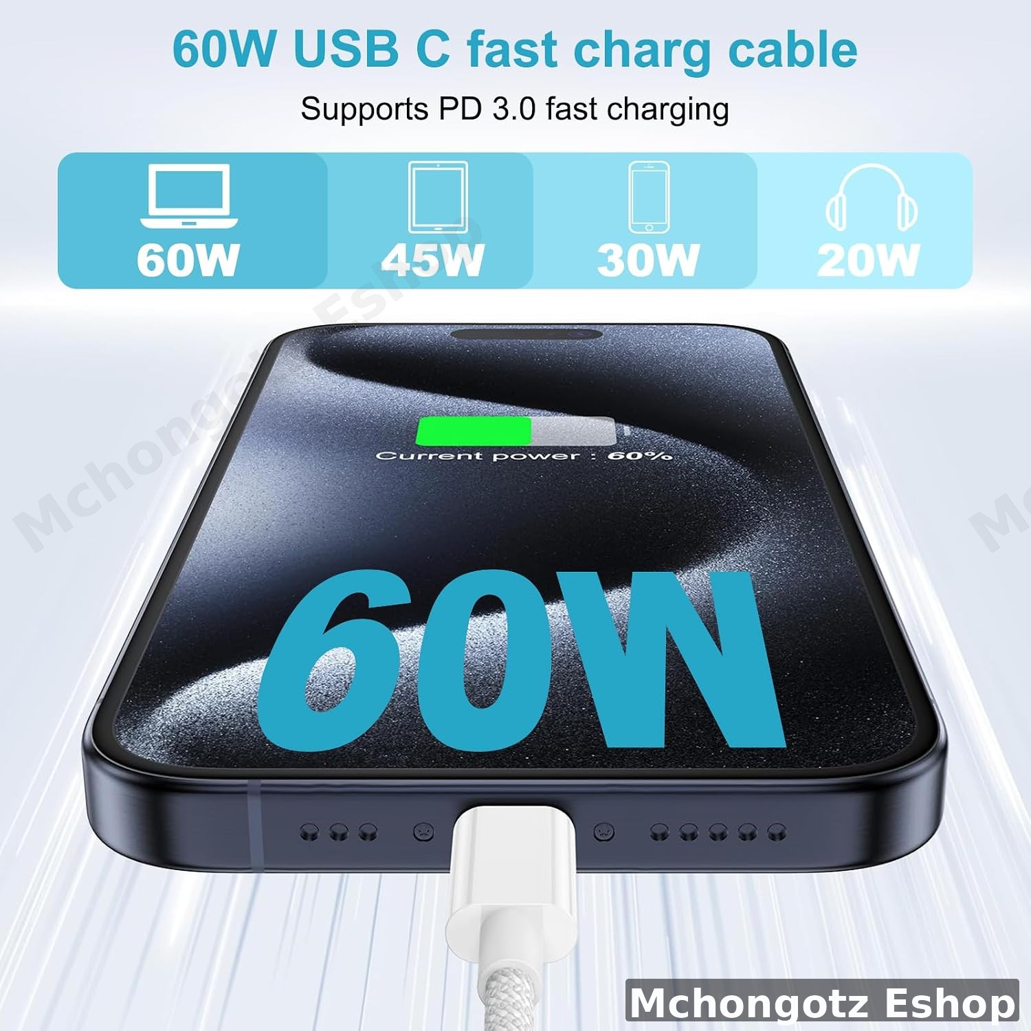 usb c | type c to type c cable 3M white slim braided fast charging - image 2
